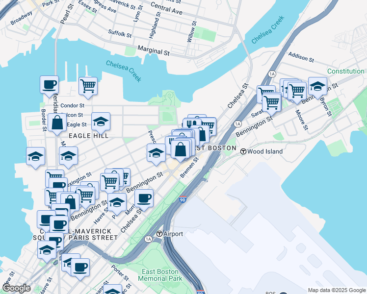 map of restaurants, bars, coffee shops, grocery stores, and more near 390 Chelsea Street in Boston