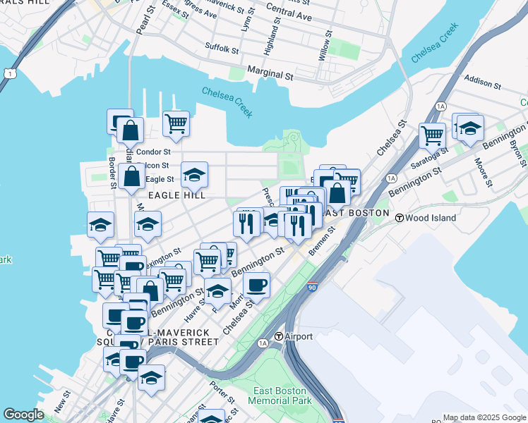 map of restaurants, bars, coffee shops, grocery stores, and more near 242 Princeton Street in Boston