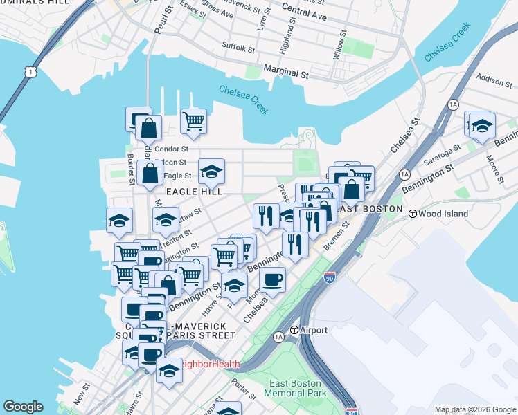 map of restaurants, bars, coffee shops, grocery stores, and more near 199 Lexington Street in Boston
