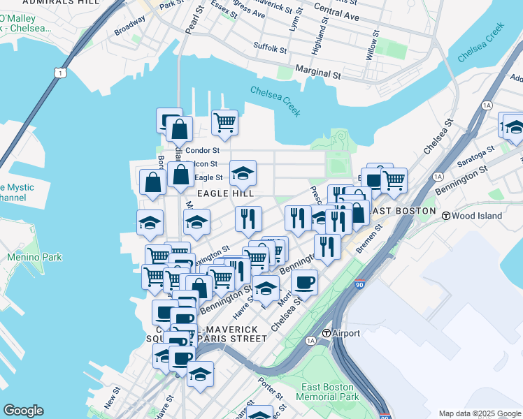 map of restaurants, bars, coffee shops, grocery stores, and more near 139 Trenton Street in Boston