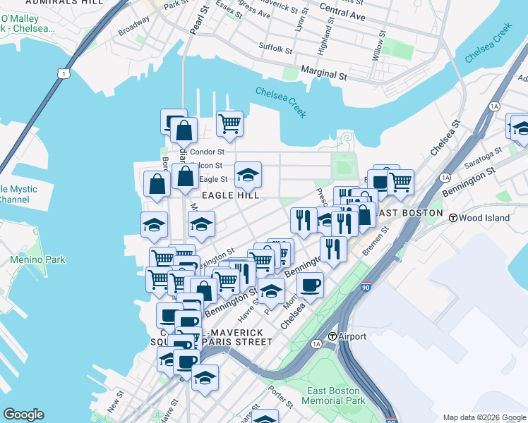 map of restaurants, bars, coffee shops, grocery stores, and more near 139 Trenton Street in Boston