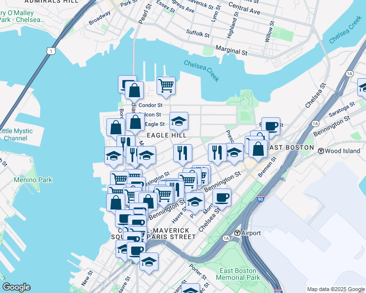 map of restaurants, bars, coffee shops, grocery stores, and more near 166 Brooks Street in Boston