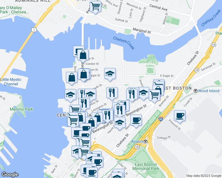 map of restaurants, bars, coffee shops, grocery stores, and more near 166 Brooks Street in Boston