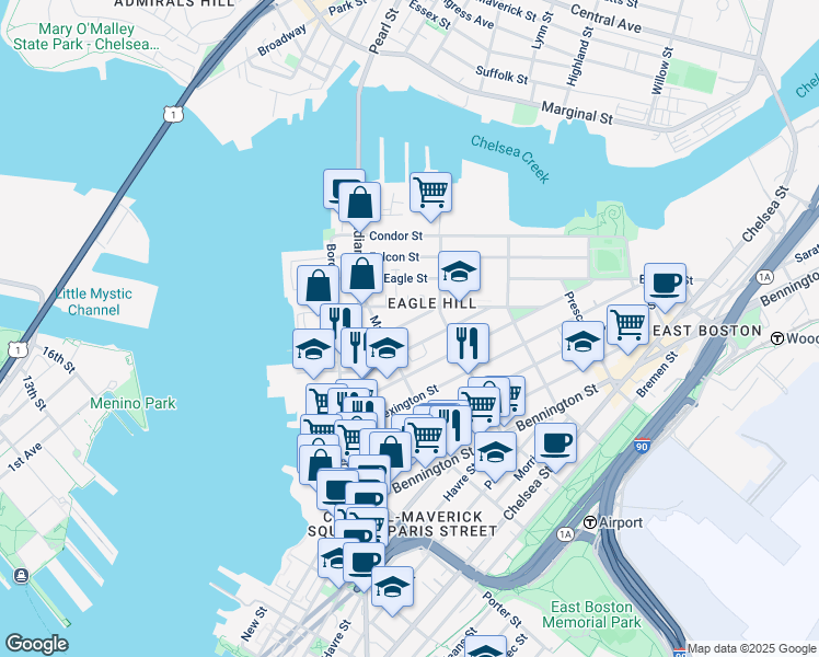 map of restaurants, bars, coffee shops, grocery stores, and more near 66 Eutaw Street in Boston