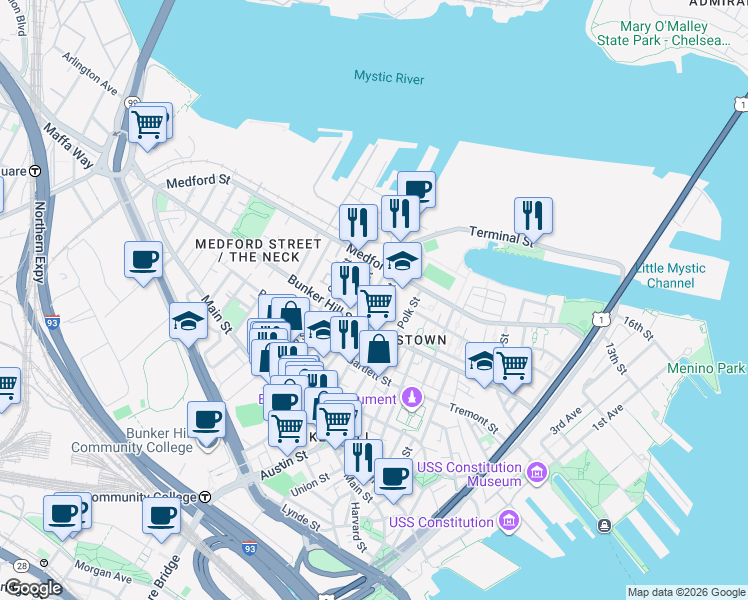 map of restaurants, bars, coffee shops, grocery stores, and more near 86 Elm Street in Boston