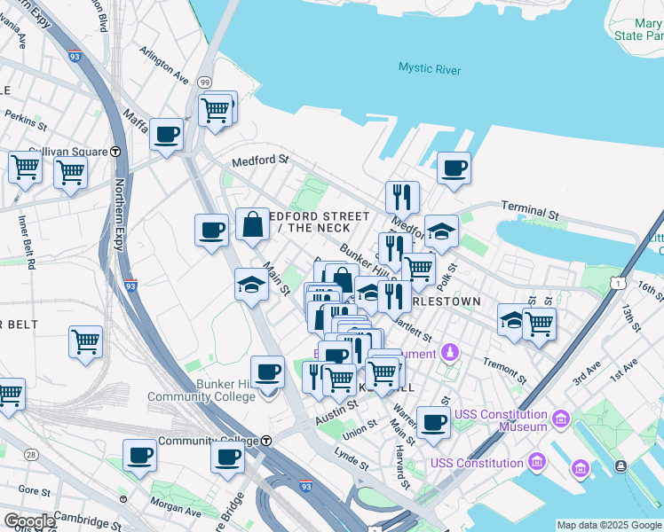 map of restaurants, bars, coffee shops, grocery stores, and more near 46 Walker Street in Boston