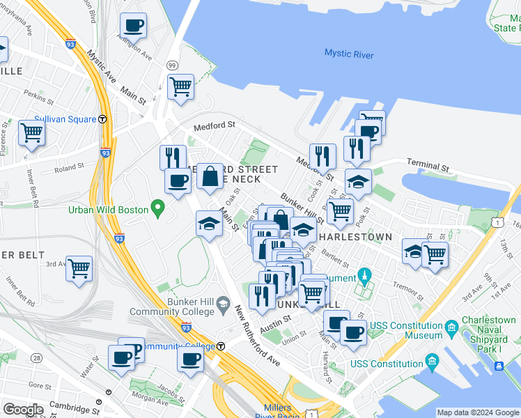 map of restaurants, bars, coffee shops, grocery stores, and more near 46 Walker Street in Boston