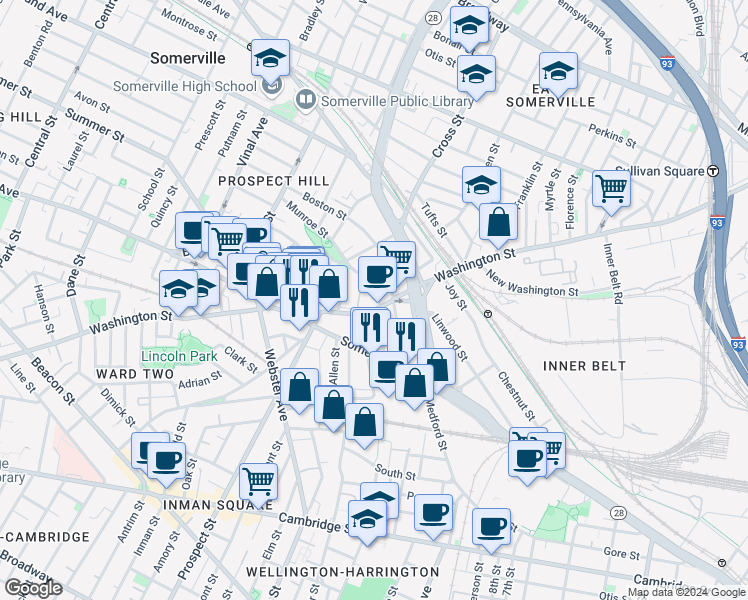 map of restaurants, bars, coffee shops, grocery stores, and more near 192 Washington Street in Somerville