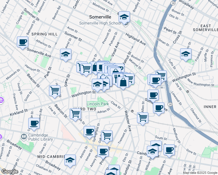 map of restaurants, bars, coffee shops, grocery stores, and more near 285 Washington Street in Somerville