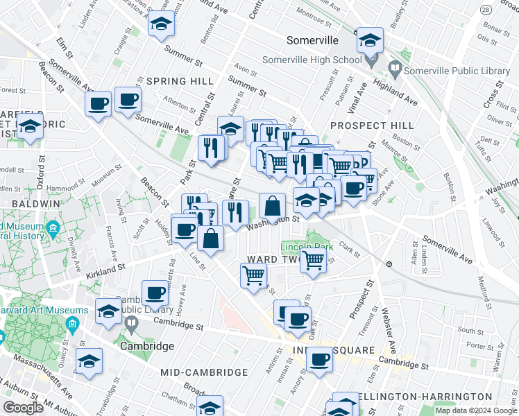 map of restaurants, bars, coffee shops, grocery stores, and more near 8 Leland Street in Somerville