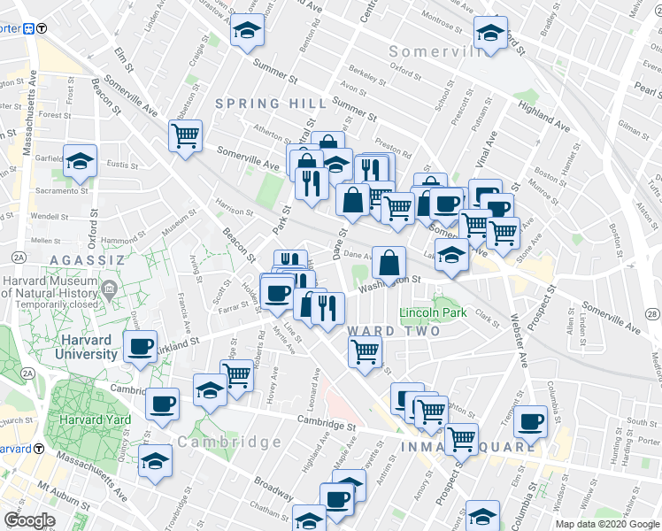 map of restaurants, bars, coffee shops, grocery stores, and more near 65 Dane Street in Somerville