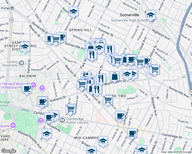 map of restaurants, bars, coffee shops, grocery stores, and more near 65 Dane Street in Somerville