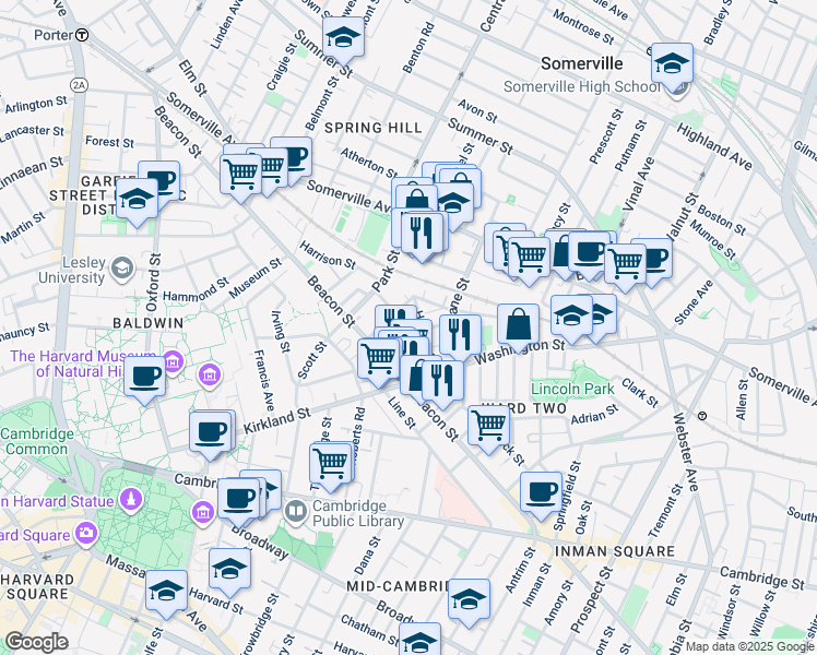map of restaurants, bars, coffee shops, grocery stores, and more near 7 Durham Street in Somerville