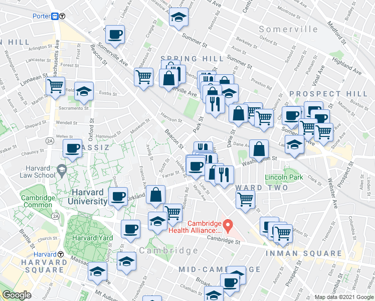 map of restaurants, bars, coffee shops, grocery stores, and more near 161 Beacon Street in Somerville