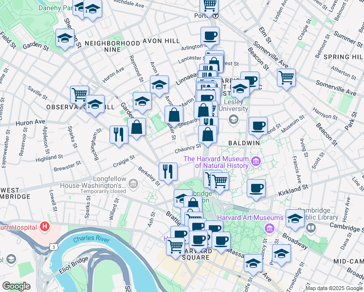 map of restaurants, bars, coffee shops, grocery stores, and more near 16 Chauncy Street in Cambridge