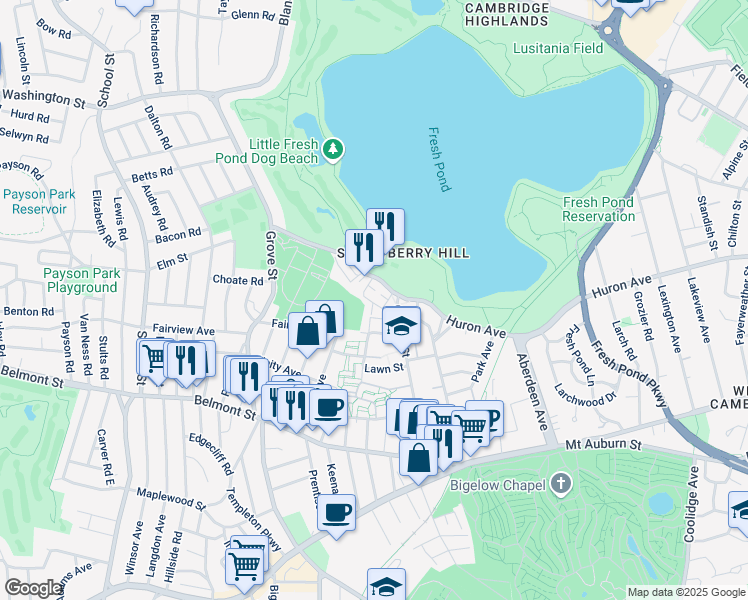map of restaurants, bars, coffee shops, grocery stores, and more near 44 May Street in Cambridge