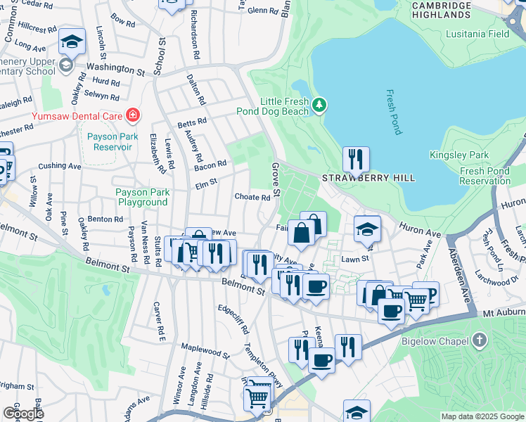 map of restaurants, bars, coffee shops, grocery stores, and more near 3 Crescent Road in Belmont