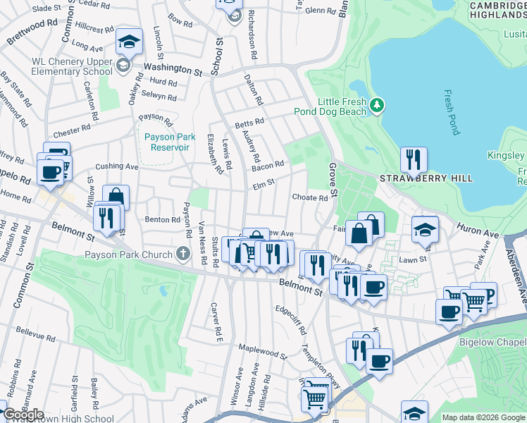 map of restaurants, bars, coffee shops, grocery stores, and more near 35 Harvard Road in Belmont