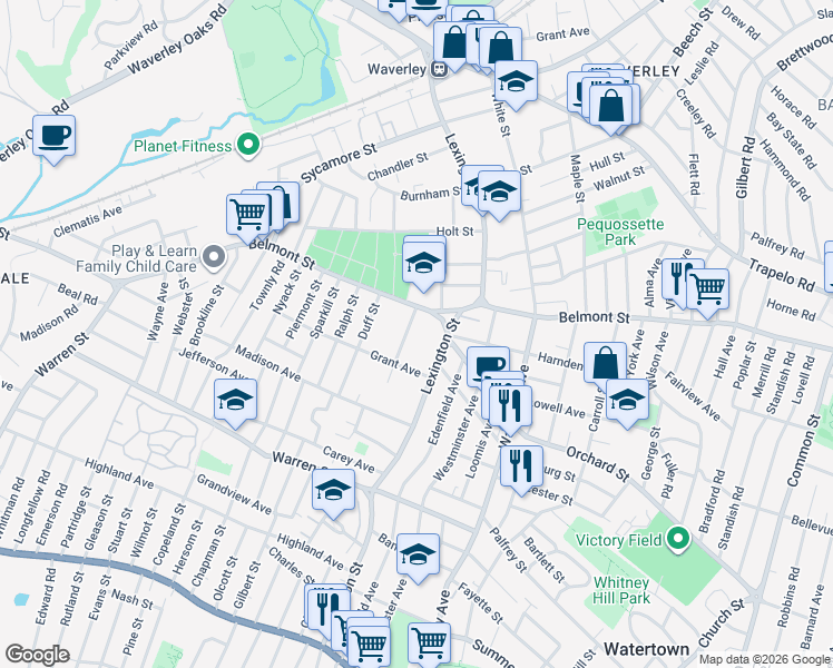 map of restaurants, bars, coffee shops, grocery stores, and more near 44 Pierce Road in Watertown