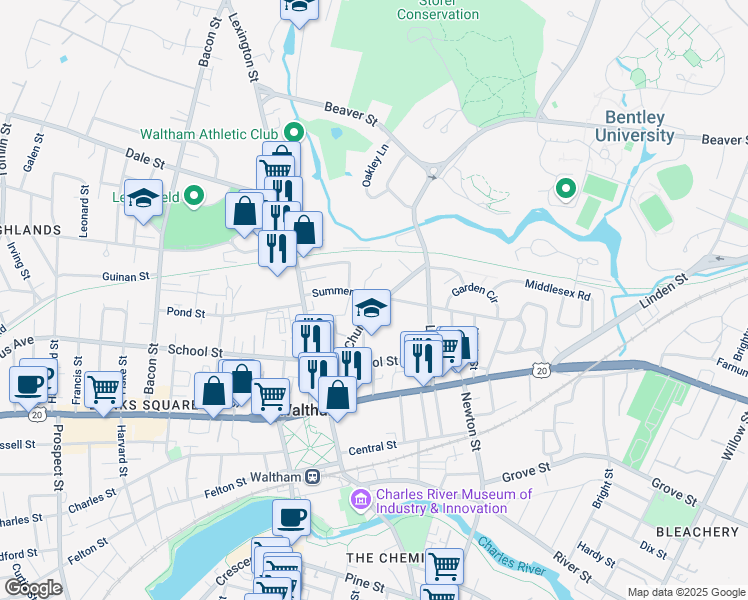 map of restaurants, bars, coffee shops, grocery stores, and more near 90 Church Street in Waltham