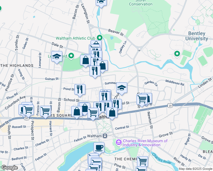 map of restaurants, bars, coffee shops, grocery stores, and more near 20 Warren Avenue in Waltham