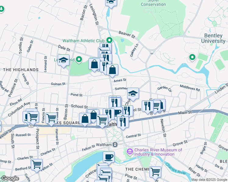 map of restaurants, bars, coffee shops, grocery stores, and more near in Waltham