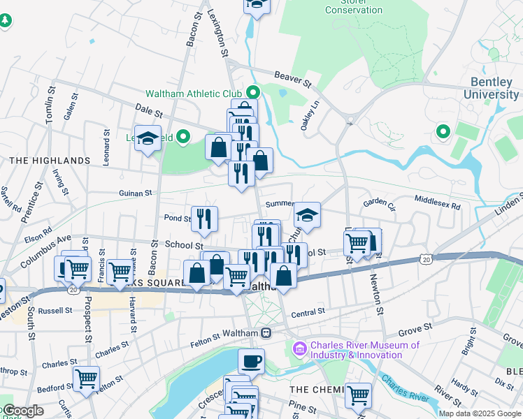 map of restaurants, bars, coffee shops, grocery stores, and more near in Waltham