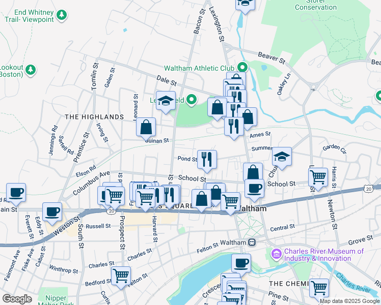 map of restaurants, bars, coffee shops, grocery stores, and more near 109 Pond Street in Waltham