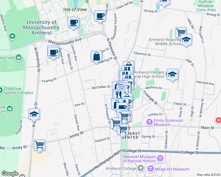 map of restaurants, bars, coffee shops, grocery stores, and more near 39 Hallock Street in Amherst