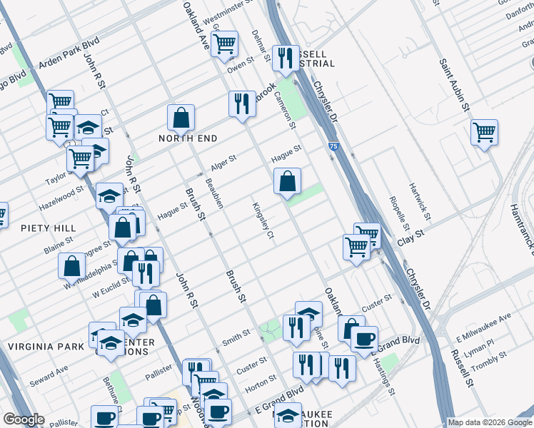 map of restaurants, bars, coffee shops, grocery stores, and more near 603 Melbourne Street in Detroit