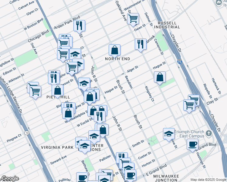 map of restaurants, bars, coffee shops, grocery stores, and more near 230 Hague Street in Detroit