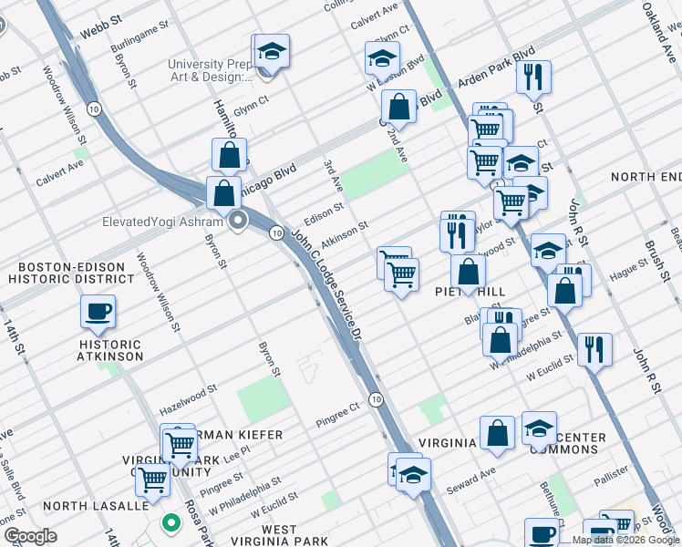 map of restaurants, bars, coffee shops, grocery stores, and more near 907 Clairmount Avenue in Detroit