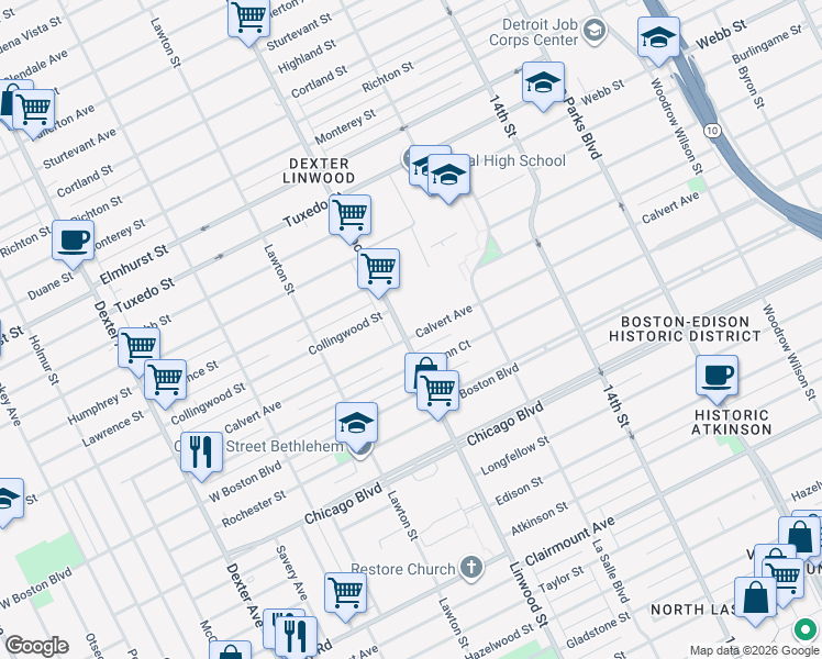 map of restaurants, bars, coffee shops, grocery stores, and more near 2541 Calvert Avenue in Detroit