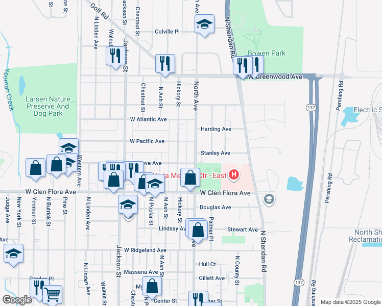 map of restaurants, bars, coffee shops, grocery stores, and more near 1405 North Avenue in Waukegan