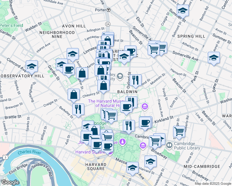 map of restaurants, bars, coffee shops, grocery stores, and more near Everett Street in Cambridge