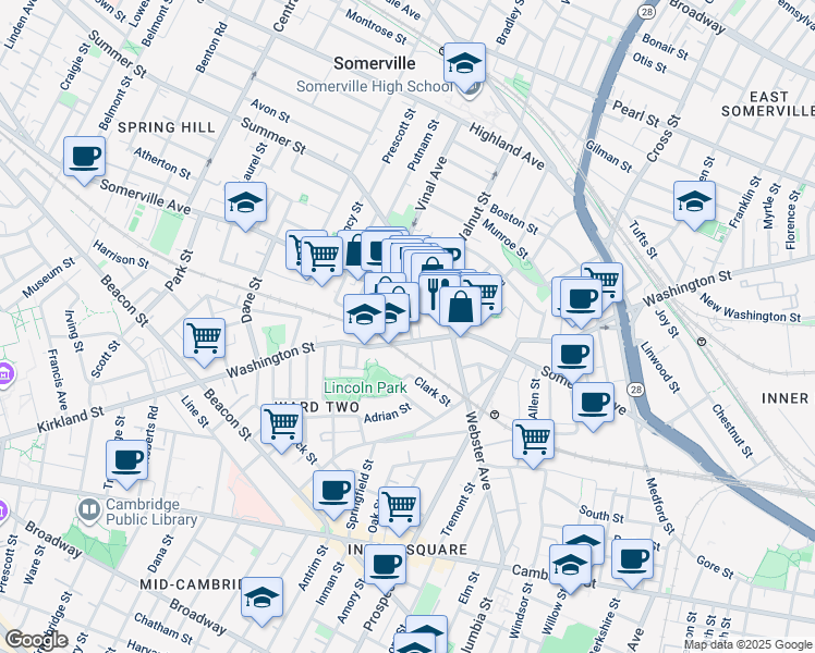 map of restaurants, bars, coffee shops, grocery stores, and more near 3 Hawkins Street in Somerville