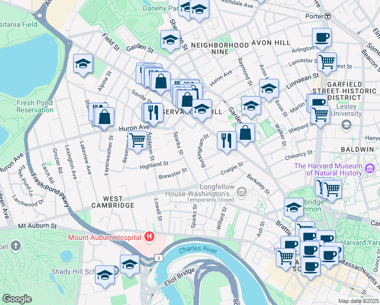map of restaurants, bars, coffee shops, grocery stores, and more near 70 Sparks Street in Cambridge