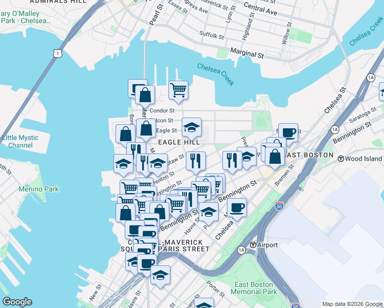 map of restaurants, bars, coffee shops, grocery stores, and more near 166 Brooks Street in Boston