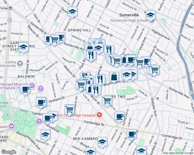map of restaurants, bars, coffee shops, grocery stores, and more near 65 Dane Street in Somerville