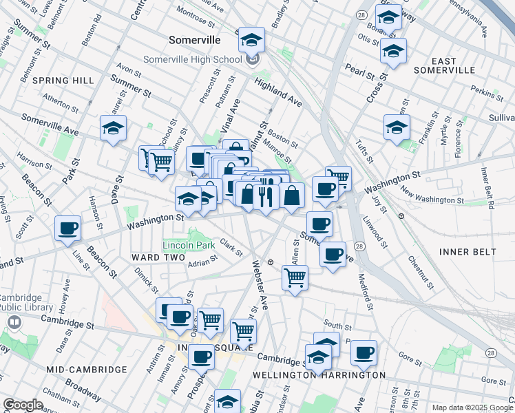 map of restaurants, bars, coffee shops, grocery stores, and more near 61 Union Square in Somerville