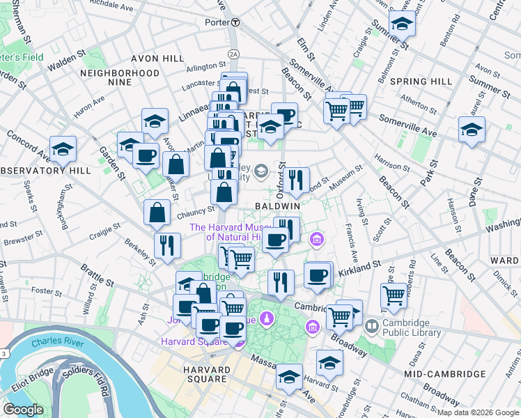 map of restaurants, bars, coffee shops, grocery stores, and more near 27 Everett Street in Cambridge