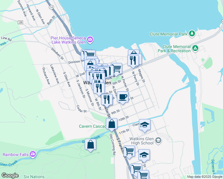 map of restaurants, bars, coffee shops, grocery stores, and more near 112 6th Street in Watkins Glen
