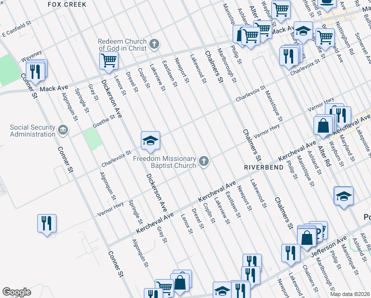 map of restaurants, bars, coffee shops, grocery stores, and more near 2550 Coplin Street in Detroit