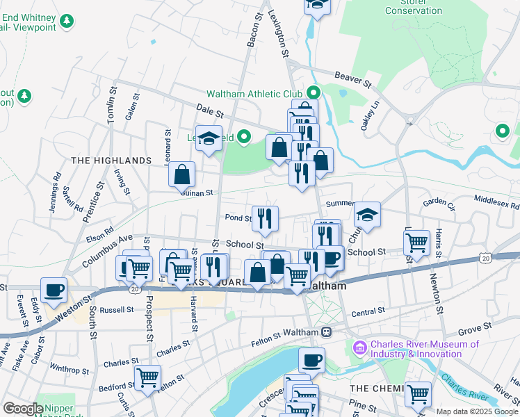map of restaurants, bars, coffee shops, grocery stores, and more near 73 Pond Street in Waltham