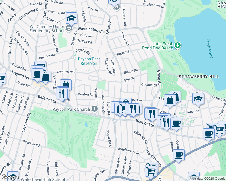 map of restaurants, bars, coffee shops, grocery stores, and more near 96 Lewis Road in Belmont
