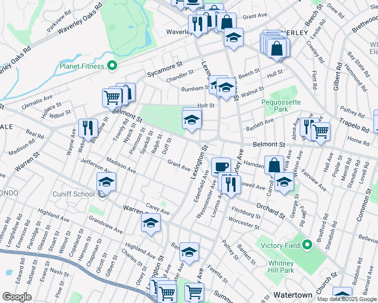 map of restaurants, bars, coffee shops, grocery stores, and more near 44 Pierce Road in Watertown