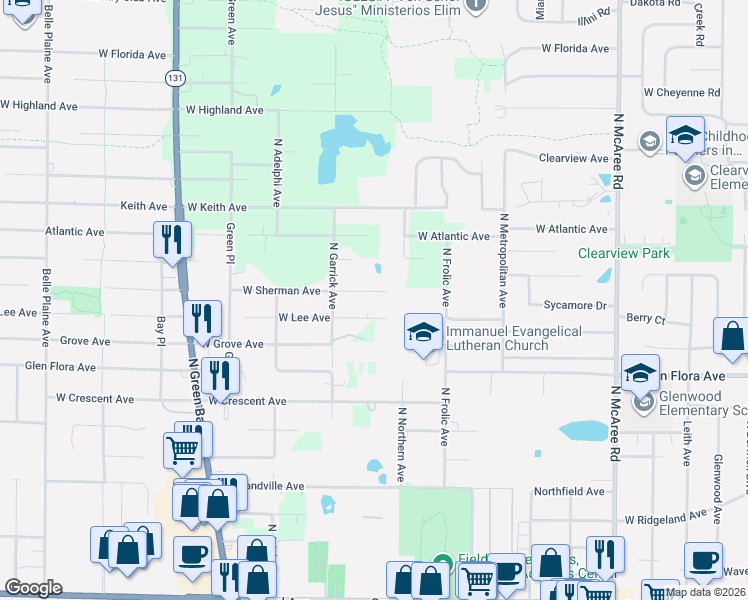 map of restaurants, bars, coffee shops, grocery stores, and more near 3014 West Lee Avenue in Waukegan
