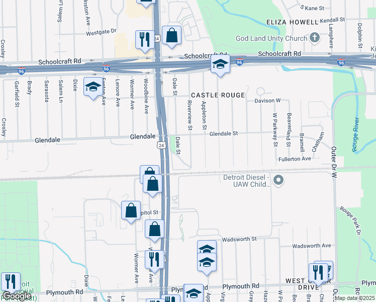 map of restaurants, bars, coffee shops, grocery stores, and more near 12669 Riverview Street in Detroit