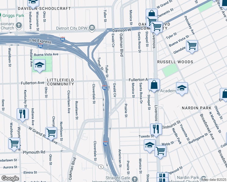 map of restaurants, bars, coffee shops, grocery stores, and more near 3496 Ewald Circle in Detroit
