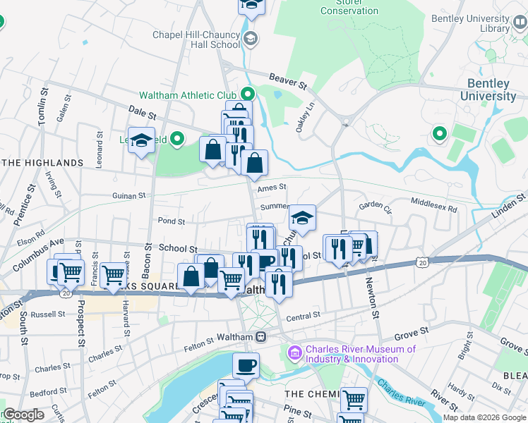 map of restaurants, bars, coffee shops, grocery stores, and more near 20 Warren Avenue in Waltham